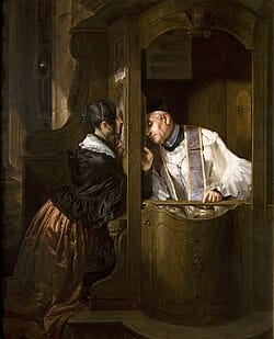 La Confessione, dipinto di Giuseppe Molteni, riprodotto nella pagina Contatto del sito.