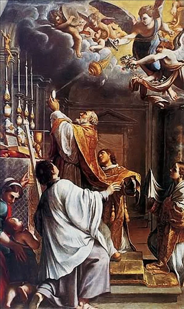 Tableau représentant la célébration de la Sainte Messe à l'autel et figures célestes.