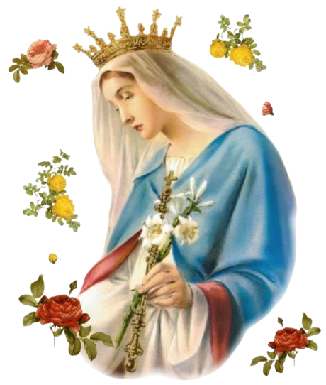 Allerheiligste Maria gekrönt, mit blauem Mantel und Blumen, Bild der Frommen Vereinigung.
