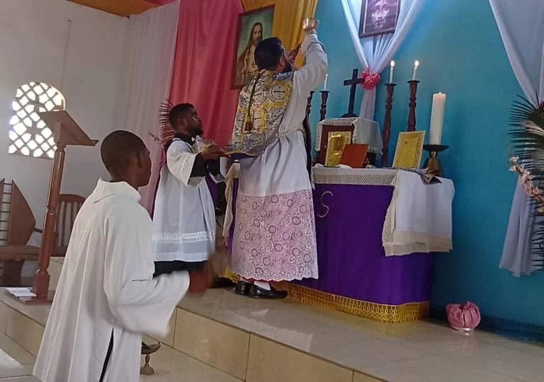 Celebration of the Holy Mass in the mission chapel.